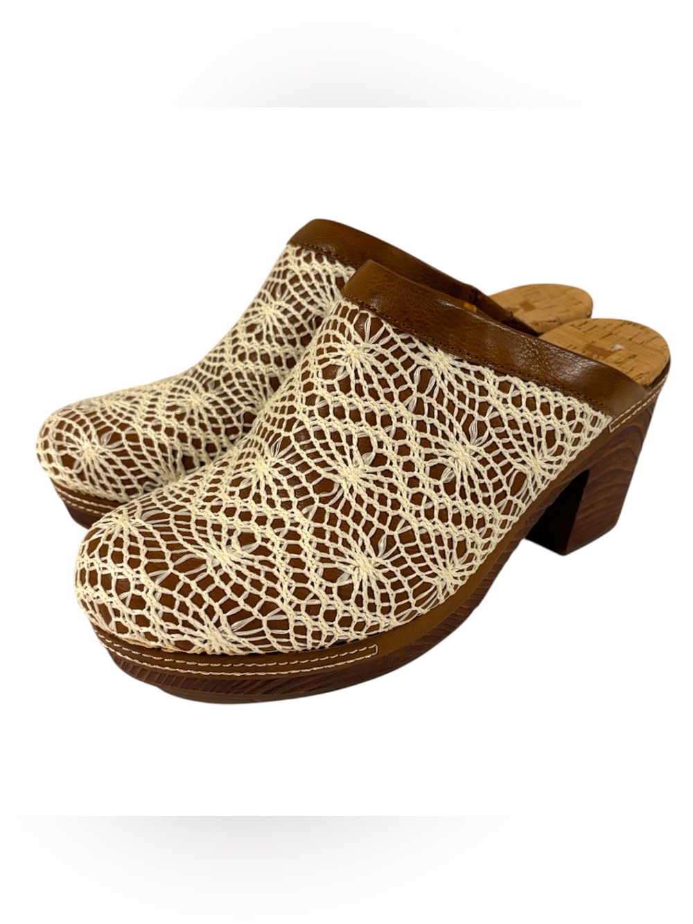 Korks by Kork-Ease Nora Crochet Lace Brown Vegan Leather Clogs Heels Size 9